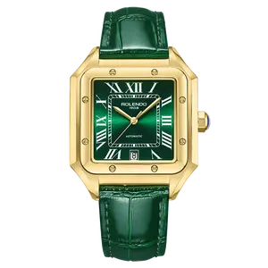 Men's All Gold Square Automatic Watch, Gloss Emerald Green Dial White Roman Numerals Date Window Gold Hands 8-Screw Bezel Green Crocodile Leather Strap Luxury Vintage Business Wrist Watch