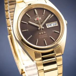 Orient 3 Star 21 Jewels Gold Tone Automatic Men's Watch with Dark Brown Face, Stainless Steel Bracelet