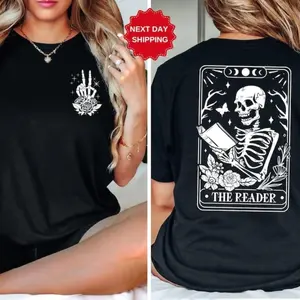 The Reader Tarot Card Front And Back Printing Shirt, Skeleton Reading T-shirt, Book Lover Gift For Women, Book Lover Tee, Tarot Card Shirt