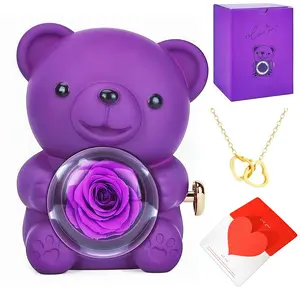 Romantic Gift for Girlfriend, Preserved Rose Bear Jewelry Box with Necklace, Cute Surprise Gift for Her Women, Aesthetic Bedroom Room Decor
