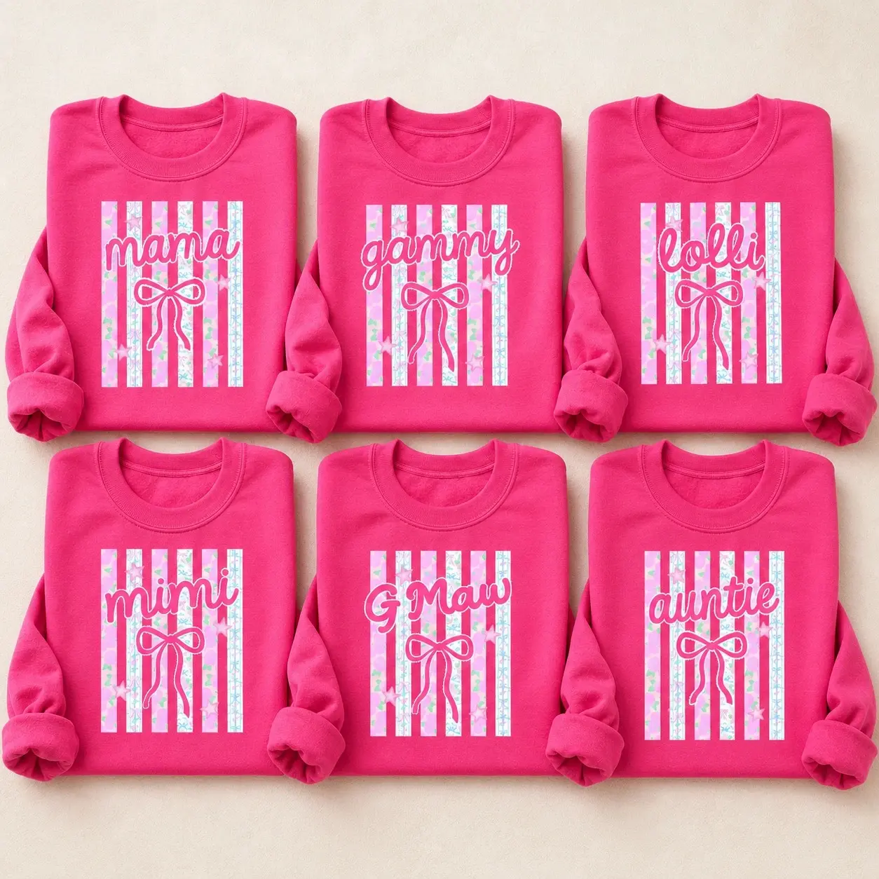 Custom Grandma Nickname Sweatshirt with Bow Floral Stripe Design - BABINO HOUSE