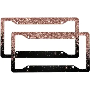 2 Sets Black Rose Gold Blush Pink Glitter Glam Premium License Plate Holder - Car Truck SUV Front and Rear Bracket for Enhanced Night Vision 4 Holes License Plate Frame