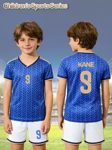 2-piece quick-drying soccer set for kids and boys with blue leaf pattern, featuring gold number 9 and name KANE, including a soccer jersey and moisture-wicking sweat shorts, suitable for training, matches and outdoor activities.