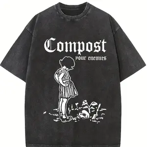 Men'S Vintage Washed T-Shirt - 'Compost Your Enemies' Pattern Print | Soft And Breathable Regular Round Neck T-Shirt, Casual Short-Sleeved Top, Suitable for Casual Wear, T-Shirt, All-Season Clothing, Vintage Printed Shirt, Soft Textured Shirt