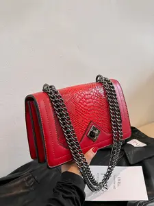 1pc Ladies' PU shoulder bag with snake pattern embossed chain crossbody bag, Crossbody purse, paired with gun black chain shoulder strap and pyramid shaped swivel lock, for parties, dates, night outings, and special occasions, specially design
