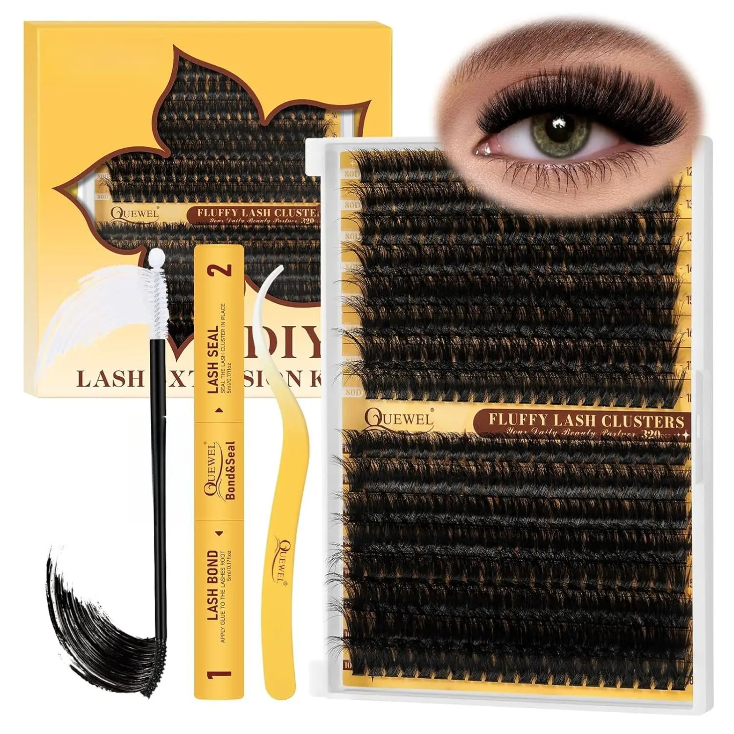 QUEWEL DIY Lash Extension Kit 320Pcs 80D+100D 3D Fluffy Lash Clusters 12-18mm with Bond & Seal Tweezers for Home Use
