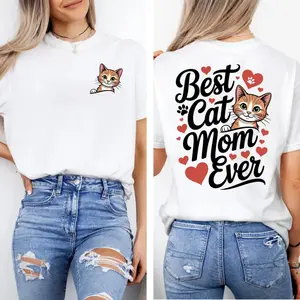 Best Cat Mom Ever Double-Sided T-Shirt🐱💖 – 100% Cotton Graphic Tee for Women, Funny Cat Mom Shirt, Casual Short Sleeve Crew Neck, Mother’s Day & Valentine Gift