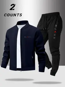 Men's Autumn Winter Baseball Collar Jacket Coat + Waist Drawstring Sports Pants Set, Letter Print Casual Business Style, Spring & Fall Wear, Streetwear Tracksuit Set, Tracksuit Outfit