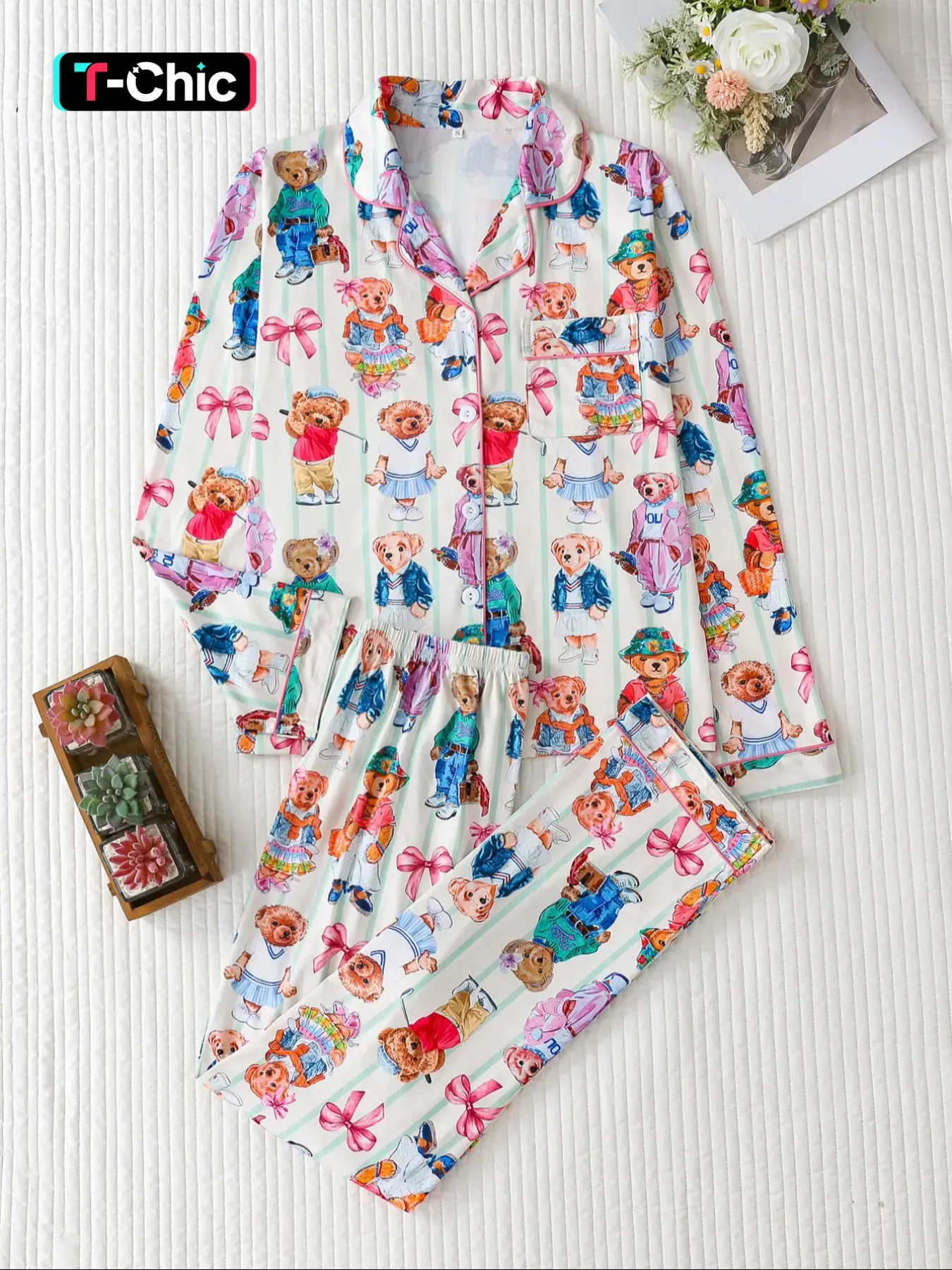 Women's Two-Piece Striped Bear Heart Bow Print Long Sleeve Pajama Set, Button-Front Top & Loose Comfortable Pants, Casual Spring & Fall Sleepwear