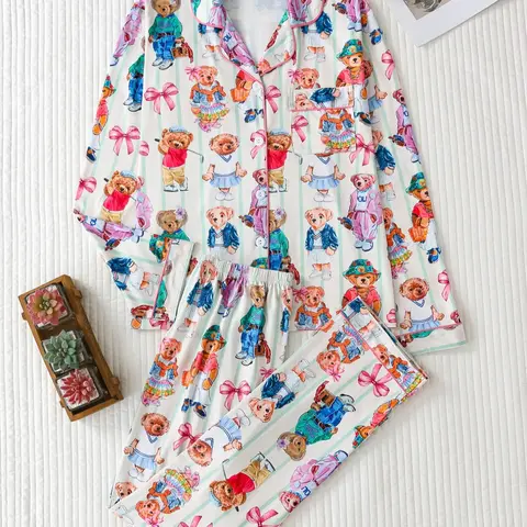 Women's Two-Piece Striped Bear Heart Bow Print Long Sleeve Pajama Set, Button-Front Top & Loose Comfortable Pants, Bow Print Pyjama, Casual Spring & Fall Sleepwear