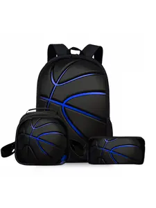 Three-piece set of backpacks with blue basketball pattern print, including lunch bag, pencil case, and backpack, Geometric Elements, Sports Backpack, Athletic Backpack