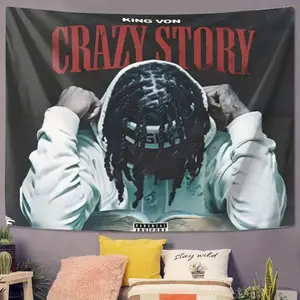 [Hip-Hop Album Cover] 2D Flat, 2D Flat Banner 1pc King Von "Crazy Story" Tent - Vibrant Hip-Hop Album Cover Art, Wall Decor, Suitable for Living Room, Bedroom, Office - Indoor Use, No Electricity Needed, Music Room Decoration, 2D Flat