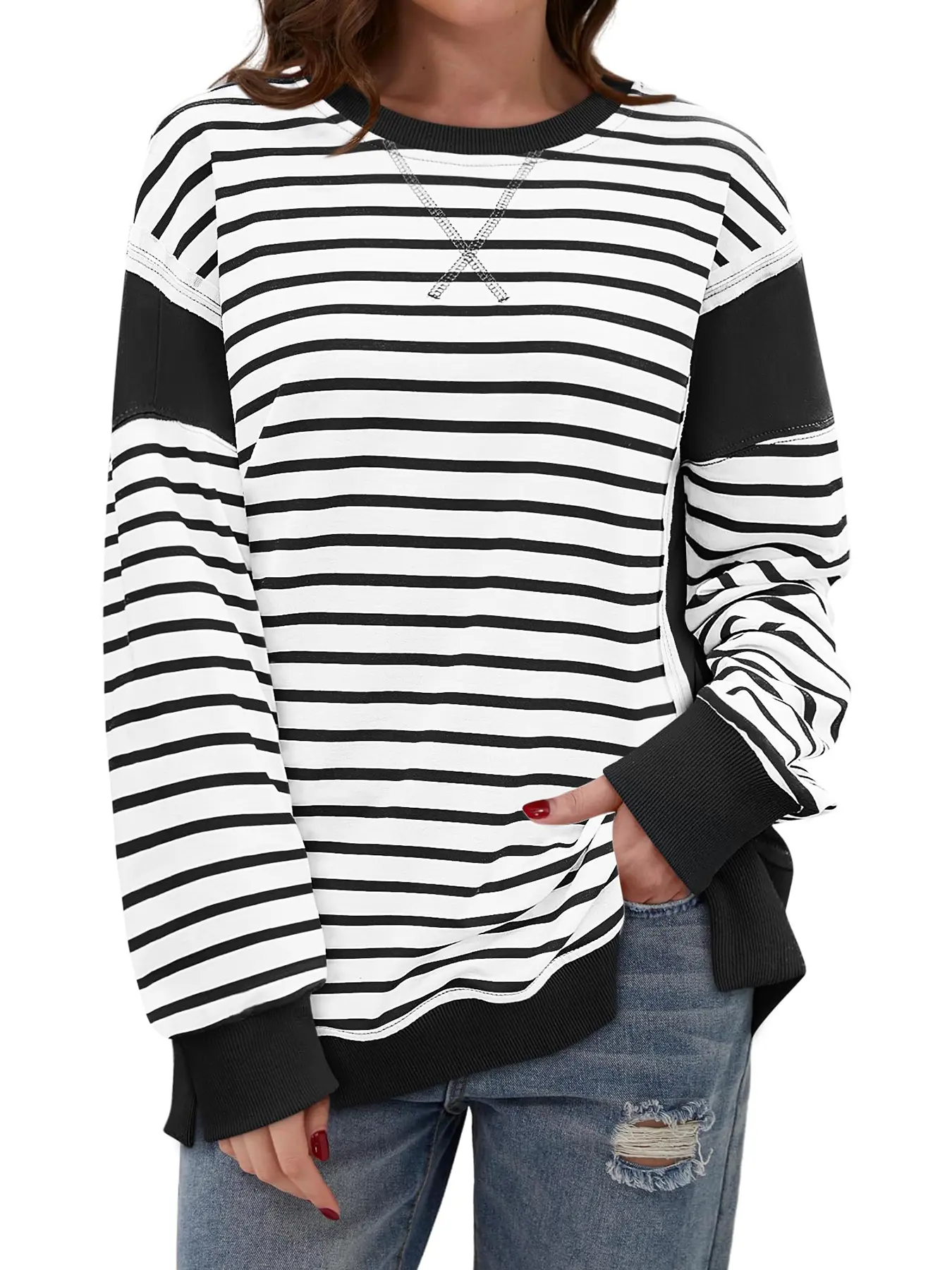 Skoinvb Women's Chic Stripes Sweatshirts - Trendy Fashion Casual Tops, Soft Comfy Essentials for a Stylish Wardrobe