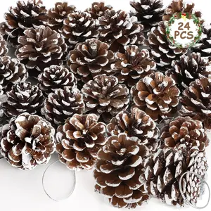 24 PCS Natural Pine Cones, 1.96 in Pinecone Ornaments, Pine Cones for Crafts with Sliver String, Decorative DIY Craft for Christmas Tree Christmas Table Decorations, Winter Decor Vase Filler