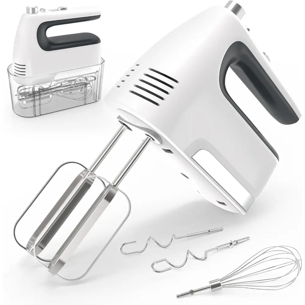 400W Power Electric Hand Mixer for Beginners - 5-Speed Pure Copper Motor, White Handheld with Storage Case, Turbo Boost, Comfortable Handle, 2 Flat Beaters, Dough Hooks, Whisk for Baking Needs (200W & Above)