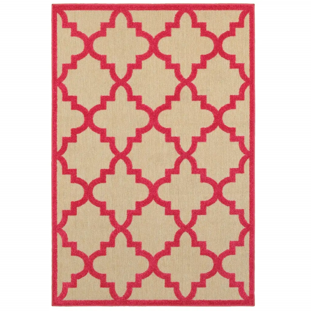 360 Stand 8x11 ft. Power Loom Sand Geometric Stain Proof Scalloped Edge Rectangle Area Rug, Indoor/Outdoor Patio Ready Carpet