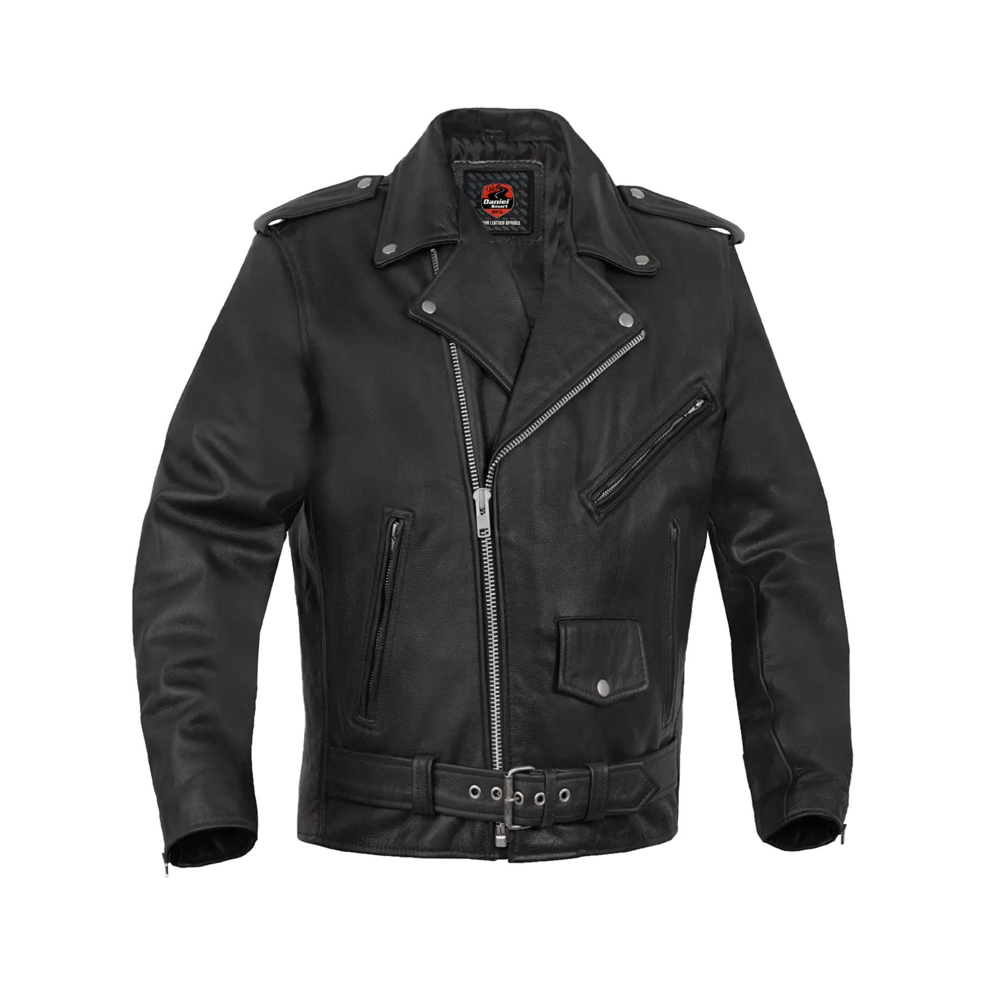 DANIEL SMART Menswear Classic Leather Biker Coat with Belt, Men's Road Warrior Motorcycle Jacket