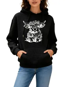 Women Comfortable Waffle Hoodies Tops Long Sleeve Drawstring Hoodie Highland Cow Cartoon Print Design Hooded Sweatshirt with Pocket