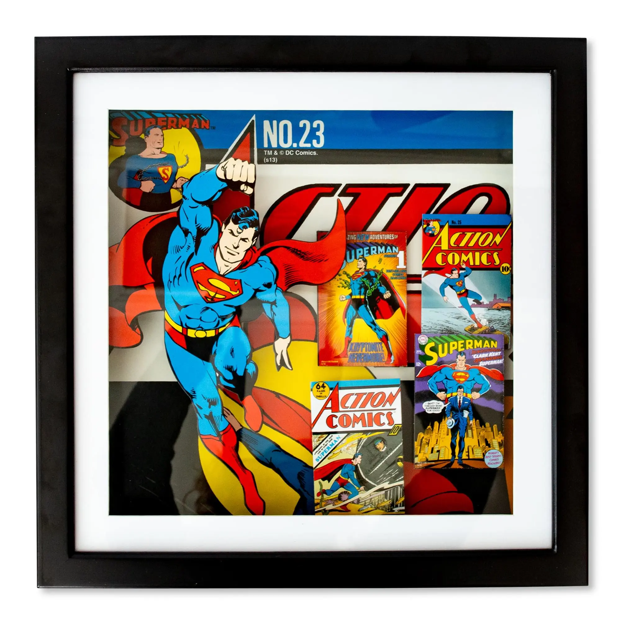 DC Comics Superman #23 Wood Frame 3D Shadow Box Comic Art - 14x14 In, 3D Layout, Glass Cover, Wall Display, Collector's Piece Home Decor Wall Art