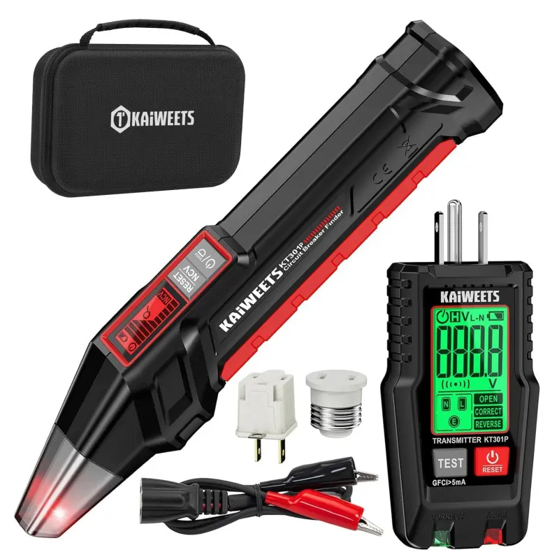 Portable Breaker Finder and Circuit Detector Tool with LCD Display, NCV Detection & Flashlight, Digital Test Equipment for GFCI Testing with Transmitter, Adapters & Case