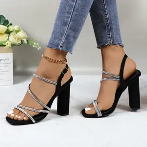 Women's Sparkly Glitter Rhinestone Strappy High Heels Sandals Square Open Toe 4.33-inch Chunky Block Heel Footwear with Adjustable Ankle Strap Girl Fashion Comfortable Summer Casual Dressy Heeled Shoes for Wedding Party Prom Bridal Evening