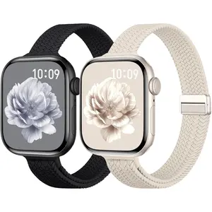 Slim Braided Stretchy Band for Apple Watch 38mm-49mm Women Men Thin Nylon Magnetic Strap Compatible iWatch Series 11-1 SE Ultra Comfortable Durable