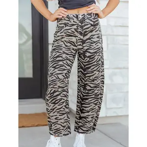 Grey zebra-striped printed wide-leg jeans with a fashionable zebra print on soft and durable fabric, featuring a mid-rise button fly and zipper.GARMENTARY