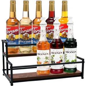 Coffee Syrup Rack Organizer - 2-Tier 10 Syrup Bottles Holder for Coffee Bar, Liquor Bottle Display Shelf - Rustic Kitchen Cabinet for Spices, Jars - Stepped Pantry Shelf for Wine, Tea & Bottles