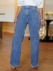 Women's Plus Size Elastic Fabric Washed Casual Pearl Craft Loose Wide Leg Denim Jeans Pants, All Seasons, Fall Winter, Outdoors Date