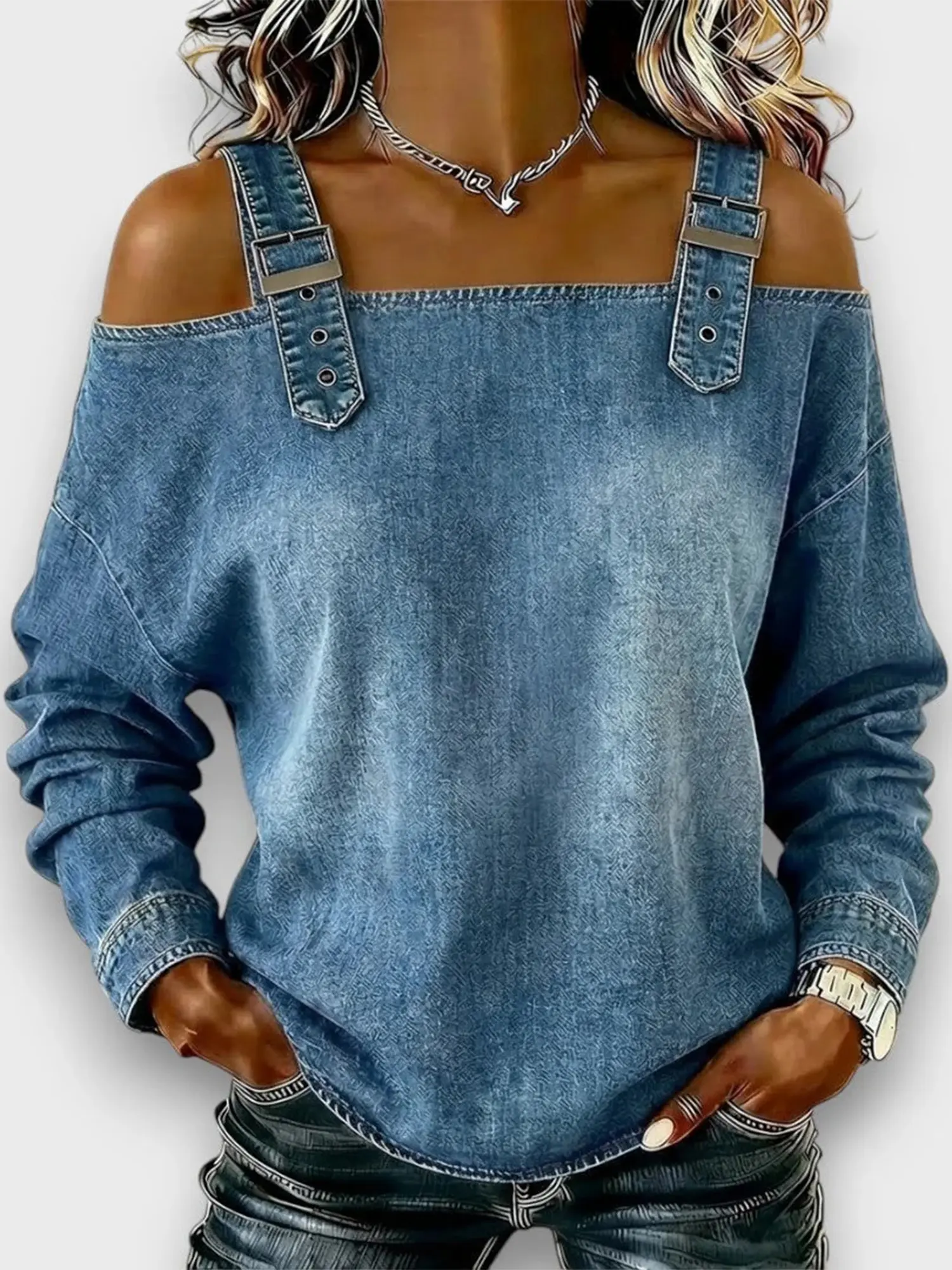 Women's One-Shoulder Strap Denim Top,Adjustable Straps Off-Shoulder Loose Long-Sleeve Denim Blouse,Unique Designer Denim Cami,Suitable For Spring&Fall