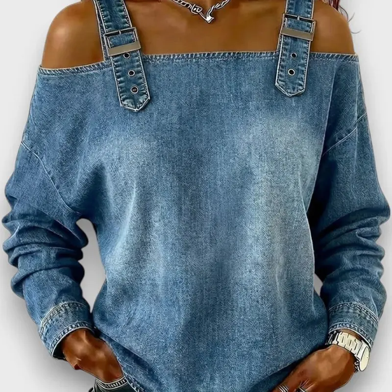 Women's One-Shoulder Strap Denim Top,Adjustable Straps Off-Shoulder Loose Long-Sleeve Denim Blouse,Unique Designer Denim Cami,Suitable For Spring&Fall