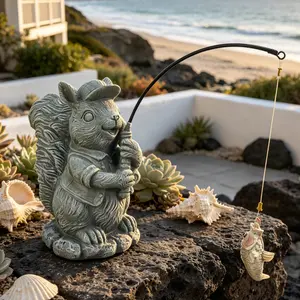 Playful Cap & Overalls Fishing Squirrel Garden Statue | Cute Whimsical Pastoral & Ins Style Yard Decor | Waterproof Weather-resistant Outdoor Resin Ornament for Pond & Fish Tank | Perfect Gift for Squirrel Lovers & Gardeners