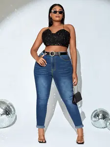 Women's High Rise Butt Lifting Slim Fit Denim Jeans, Cuffed Ankle Design, Casual Style, All Seasons Wear, Solid Pattern