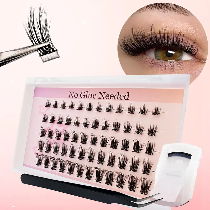 Self Adhesive Eyelashes Kit, 60 Clusters Natural Look DIY Volume Eyelash Extensions Set with Tools, Cosmetic False Lashes, Eye Makeup Enhancement Fake False Eyelashes for Women & Girls
