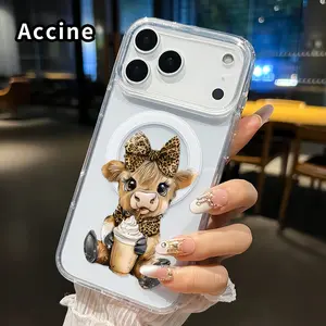Magnetic Supports Wireless Charging Phone Case for iphone 17 Pro Max 16 Plus 15 14 13 12 11 Air XR E Cute Cow Coffee Pattern Non-Yellowing Shockproof Clear Slim Protective Softcase Transparent Acrylic Large Hole Cover
