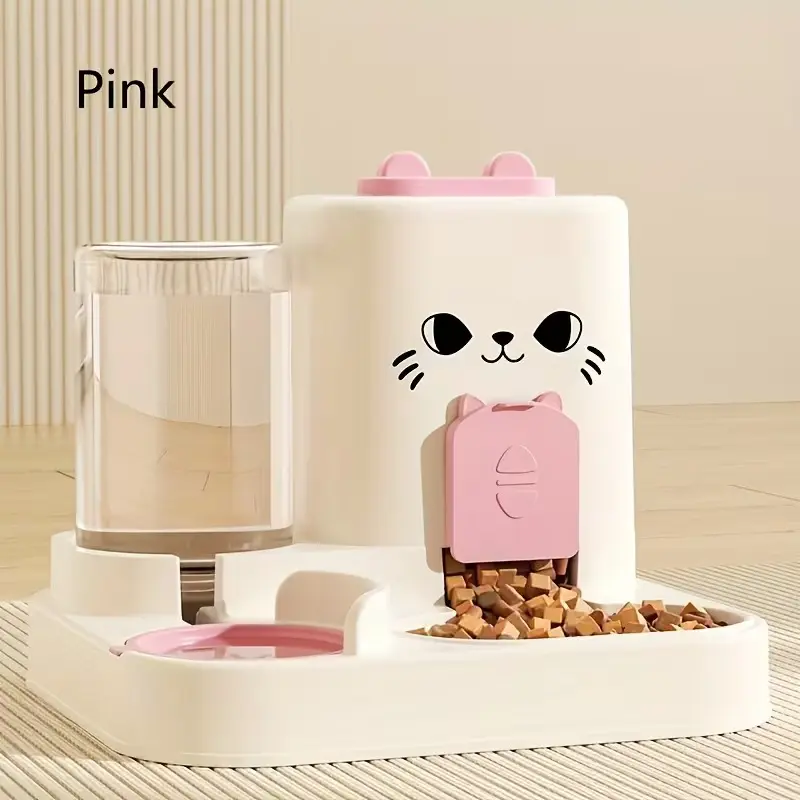 2-In-1 Automatic Cat Food Machine And Water Dispenser, No Batteries Required, Cute Face Design, Spill-Proof Lid - for Indoor Cats, Travel - Durable Plastic Structure, Travel Pet Care, Playful Design, Easy to Clean, Multifunctional Feeder