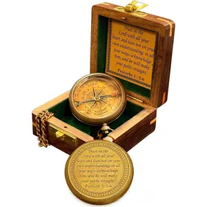 Trust in The Lord with All Your Heart – Proverbs 3:5-6 Quote Engraved Compass with Wooden Box, Graduation Religious Gift for Men Women Girls Boys.