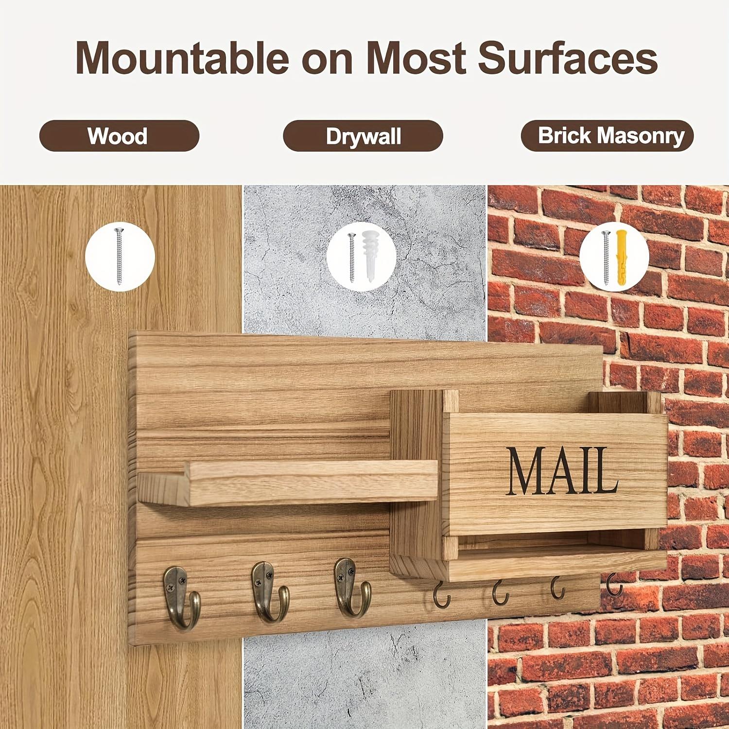 Solid Wood Wall-Mounted Storage Rack with Mailbox Slot, Door Handle & Decorative Hooks - Multifunct
