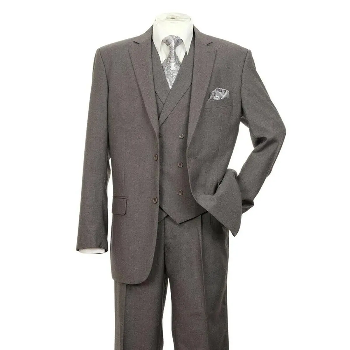 Mens 2 button Pleated Pant Suit in Charcoal Grey With Double Breasted Vest