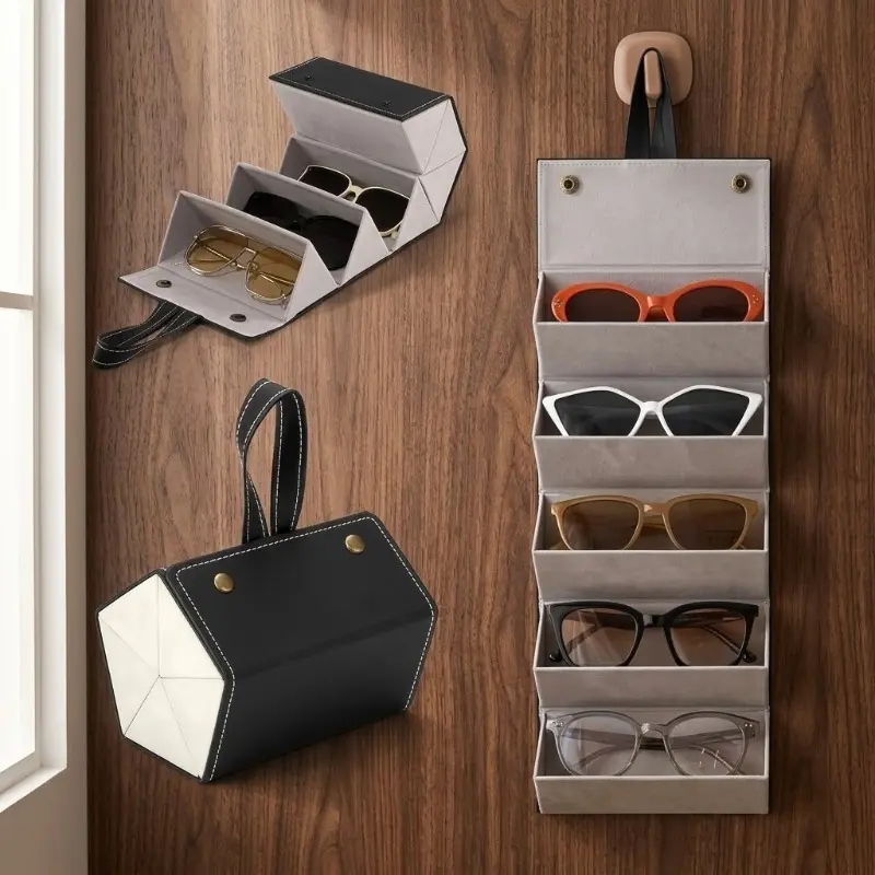 Portable Sunglasses Organizer, 2/3/4/5/6-Grid Travel Glasses Case, Space-Saving Eyeglasses Storage Box, Hanging Holder for Home & Travel