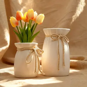 2 Piece Elegant Plastic Vase Set with Decorative Bow, Large Cylindrical Vases for Fresh and Dried Flowers, Home Décor for Windowsill, Desk, Bedroom