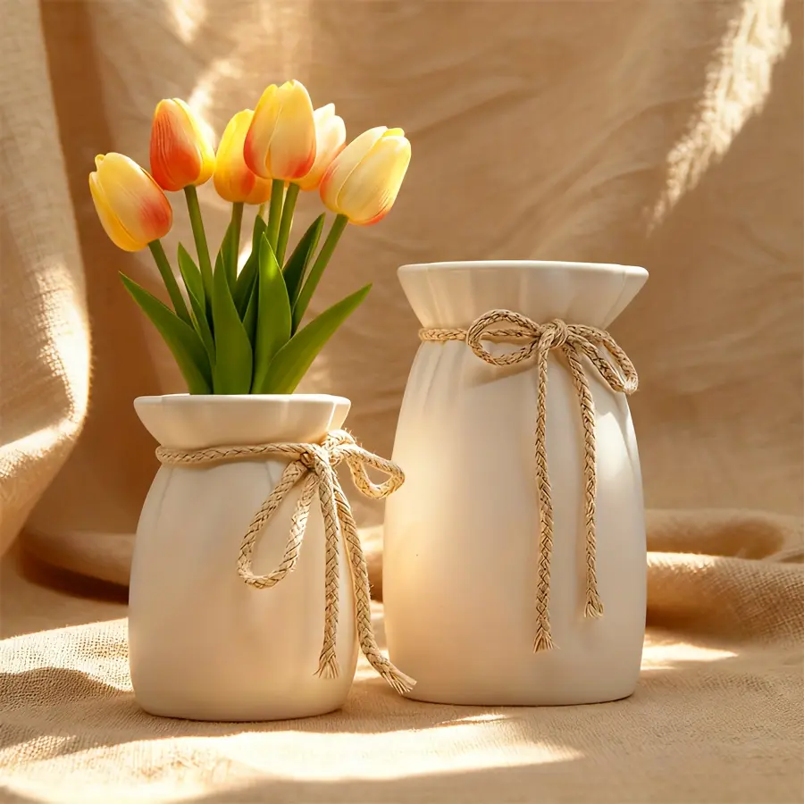 2 Piece Elegant Plastic Vase Set with Decorative Bow, Large Cylindrical Vases for Fresh and Dried Flowers, Home Décor for Windowsill, Desk, Bedroom, Modern Decorative Vase
