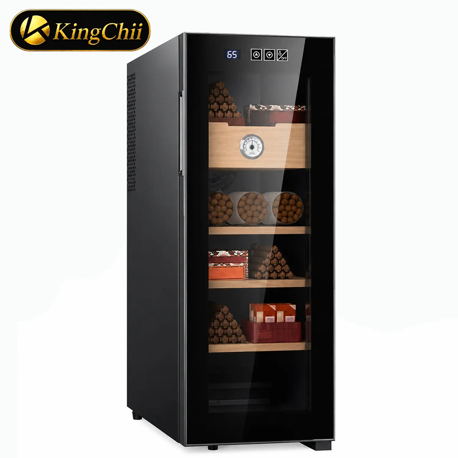 KINGCHII 33L Smart Electronic Humidor, Spanish Cedar Wood Shelves Temperature Control Cabinet, 250 Capacity