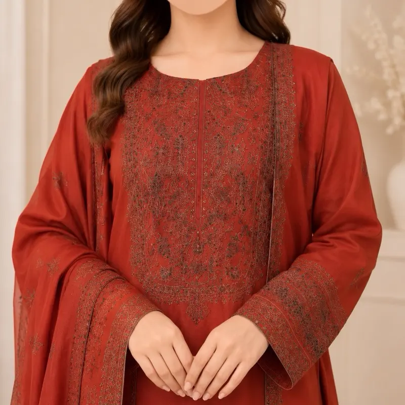 Women’s Rust Red Embroidered Pakistani 3-Piece Suit