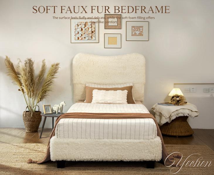 Yechen Bed Frame with Tall Headboard, Round Deluxe Soft Faux Fur Bedframe, Boho Boucle Cloud Upholstered Plush Bed with Metal Frame and Wood Slats, No Box Spring Required, Easy Assembly, (Beige, Grey) (Twin, Full, Queen)