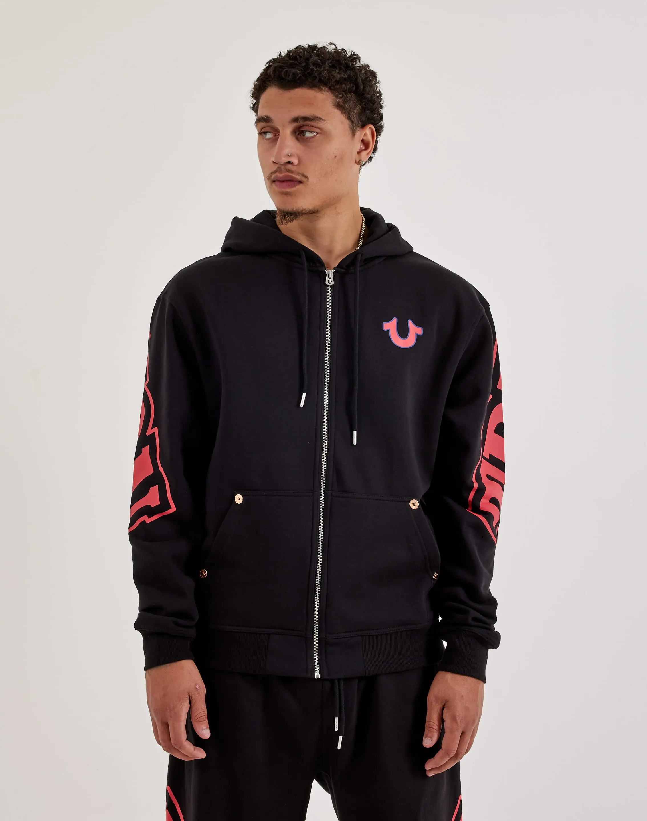 Mens True Religion Arch Logo Full-Zip Fleece Hoodie