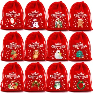 4-Piece Random Christmas Fabric Bags, Drawstring Gift Bags, Apple Bags, Candy Cookie Packaging, Festive Holiday Storage, Party Gift Packs