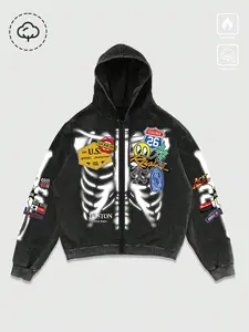 Unisex design featuring skeletal and decal elements, vintage American-style wash water cotton zipper hooded cardigan sweatshirt, suitable for spring and autumn warmth, stylish and versatile, perfect for Y2K fashion, school events, gatherings, casual daily