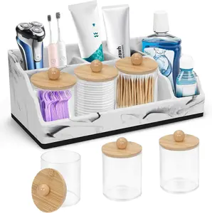 Marble Toothbrush Holder for Organizer Countertop, Toothbrush Organizer with 3PCS Qtip Holder Dispenser, Toothbrush and Toothpaste Holder for Counter Organization