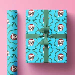 English Bulldog Christmas Wrapping Paper, Illustration of Bulldog Wearing Santa Hat with Bright Blue Background, Festive Dog Pattern